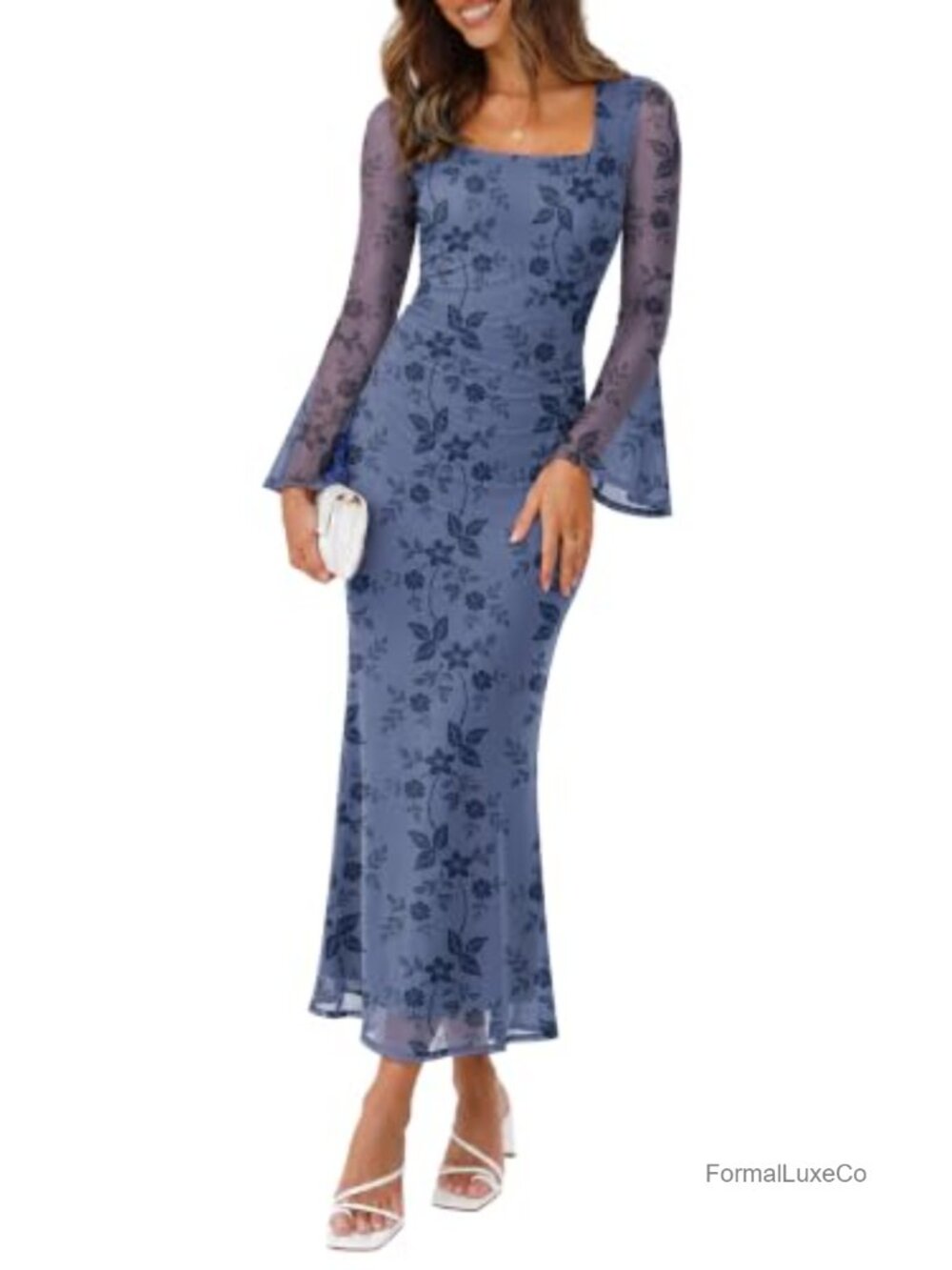 Sipaya Bodycon Maxi Dress Long Sleeve Square Neck Sheer Mesh Mermaid Hem Fall